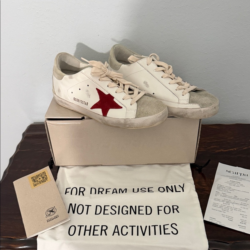 Golden Goose Super Star White Cream Sneakers with Red Star, Size 37, NIB